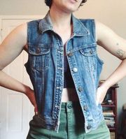 vintage • Y2K denim vest cropped faded distressed 2000s grunge layer