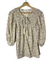 Mittoshop White & Beige Printed Smocked Bust Long Sleeve Blouse S