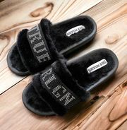 True Religion Fur Slide Sandals Kelly Embellished Faux Fur Black Size 8 NEW