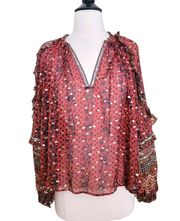 Ulla Johnson Calista Blouse Top Brick Floral Silk Long Sleeve 4 Small Red Brown