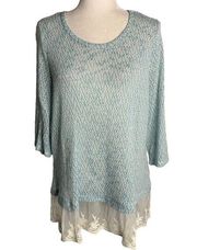 Krazy Kat Lightweight Knit Sweater XL Blue Lace Trim Long Sleeve Round Neck