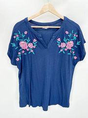 Westport Blue Floral Embroidered Short Sleeve V-Neck Tee Women's Size Large L