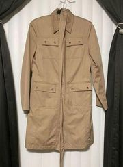Gallery tan button, belted raincoat type coat