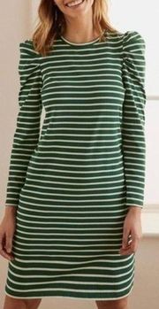 Boden Imogen Breton Stripes Long Sleeve Dress in Hunter Green & White, Size 6