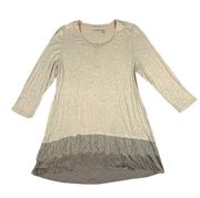 LOGO Lori Goldstein Tunic Top Womens Sz L Satin Lace Hem Oatmeal Boho *TINY FLAW