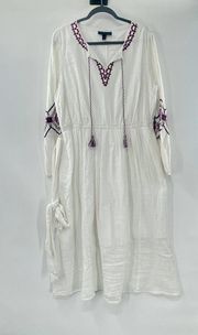 Lane Bryant Embroidered White Cotton Long Sleeve Boho Midi Dress Size 16