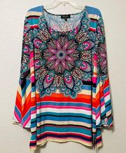 Melissa Paige Rainbow Striped Abstract Art Plus Size Bohemian Strecht Batwing 2X