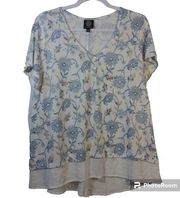 Bobeau Cream Blue Floral Short Sleeve Top Fly Away Back Size XL