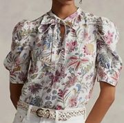 Polo Ralph Lauren 100% linen floral tie neck puff sleeve blouse