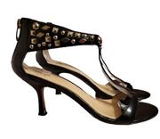 Joan and David Dajoleigh Black Leather Silver Studded Heels