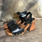 Candie's  Black Leather Wooden Peep Toe Heeled Clog Sandals