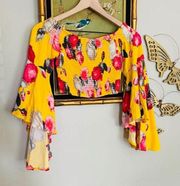 Yellow Floral Smocked Bell Sleeves Crop Top