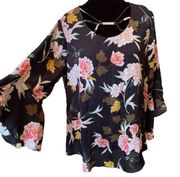 Est 1946 Boho Whimsygoth Hippie Romantic Floral Bell Sleeve Strappy Blouse