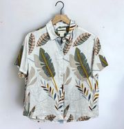 100% Linen Short Sleeve Palm Leaf Print Button Up Shirt Size S