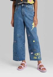 Wild Fable Cotton Printed Graphic High Rise Wide Leg Ankle Blue Jeans 12