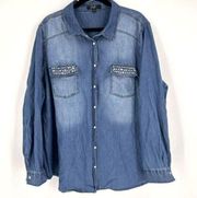 Earl Jean Women's Embellished Pockets Pearl Snap Button Down Shirt Blue Size 2X