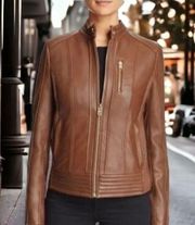 MICHAEL KORS Women's Snap-Collar Moto Leather Jacket Chocolate Brown Size Medium