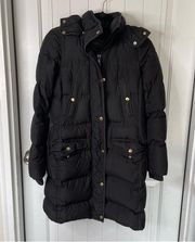 J Crew down filled puffer hooded black coat size XS