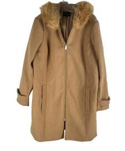 Express Faux Fur Hooded Wool Blend Coat Front Zip Camel Size XL