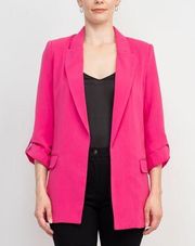 NWT T Tahari Lapel Collar 3/4 Roll Sleeve Open Front Woven Blazer FUCHSIA