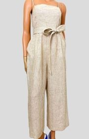 NWT J. Crew Sz. 8  Linen Tan Cream
Beauchamp Seersucker Wide Leg Belted Jumpsuit