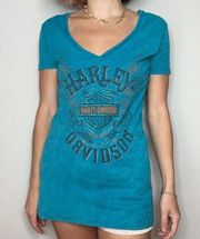 Harley Davidson  Rhinestone Blue Acid Washed Low V Neck Long Tee