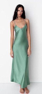 Zara Satin Effect Green Midi Dress Small Open Back Cocktail Vacation