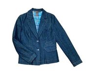 *Tommy Bahama Denim Blazer Jacket Womens Size 8 Casual 2 Button Plaid Lining