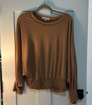 Hailey & Co Women's M Long Sleeve Smocked Bottom Top Caramel Brown Ribbed Casual