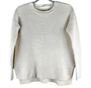 Merino Wool Blend Chunky Ribbed Cream Crewneck Sweater Small Neutral