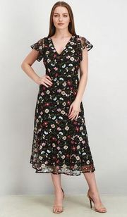 NWT Sam Edelman Floral Embroidered Black Mesh Midi Dress Size 6 MSRP $158