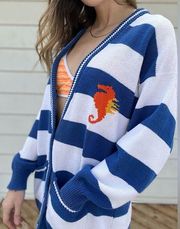 90s Vintage Counterparts Petites Womens Stripe Seahorse Cardigan Sweater Knit