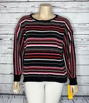 Ruby Rd. Woman NWT Size 1X Black & Pink Stripe Long Sleeve Chenille Sweater Top