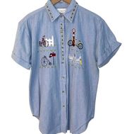 Vintage Short Sleeve Chambray Size Medium Womens 90s Cycling Bicycle Embroidered