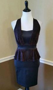 NEW ModCloth Mystic Black & Sparkly Metallic Overlay Peplum Cut Halter Dress M