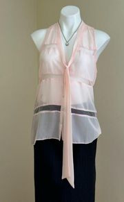 Light Pink Sheer Sleeveless Blouse With Tie Up In The Fro…