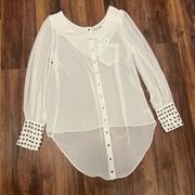 Double Zero White Long Sleeve Blouse with Gem sleeves