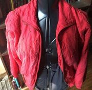 Fuda International M vintage 100% silk quilted brass bead red jacket