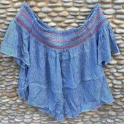 Elan Off Shoulder Smocked Crop Top Blue & White Striped w/Red Piping Medium EUC