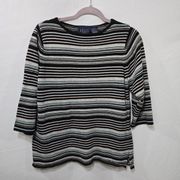 Crazy Horse Black Pastel Striped Crewneck 3/4 Sleeves Women's Blouse Size Large