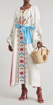 Macaw Embroidered Linen Caftan Midi Dress