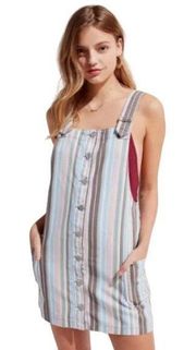 BDG Pastel Lollipop Stripe Button Front Denim Overall Mini Dress Sleeveless Blue