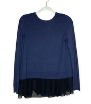 Chelsea28 Blue Knit Top with Black Ruffle Split Back Size XS Sheer
