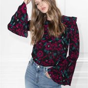 Black Floral Wide Sleeve Paris Atelier Blouse Size 4