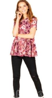 Agnes & Dora Top Mauve Floral Peplum Relaxed Ruffle Short Sleeve Shirt Small