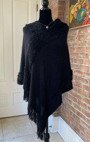 NWT Sophie Max Jade Black Soft Fringe Poncho O/S