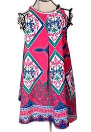 Bright Pink Boho Blue/Green Print Sleeveless Sundress szL