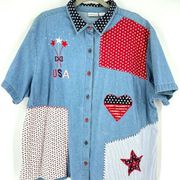 Vintage Fashion Bug Women's USA Patriotic Denim Button-Up Shirt Blue Size 22/24