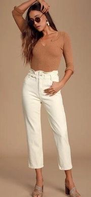 LULU’S Nothing Compares Ivory Paperbag Waist Straight Leg Jeans