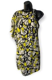 Silk One Shoulder Women’s Black & Yellow Printed Dress Size 2